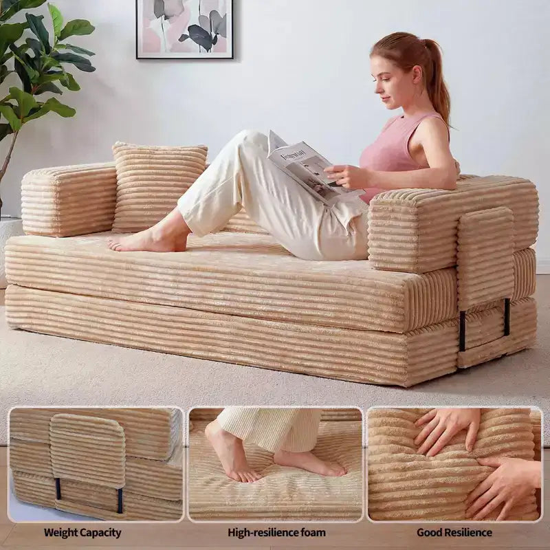 Corduroy 5-in-1 Convertible Sofa Bed, Folding Floor Couch, Seats & Sleeps 2