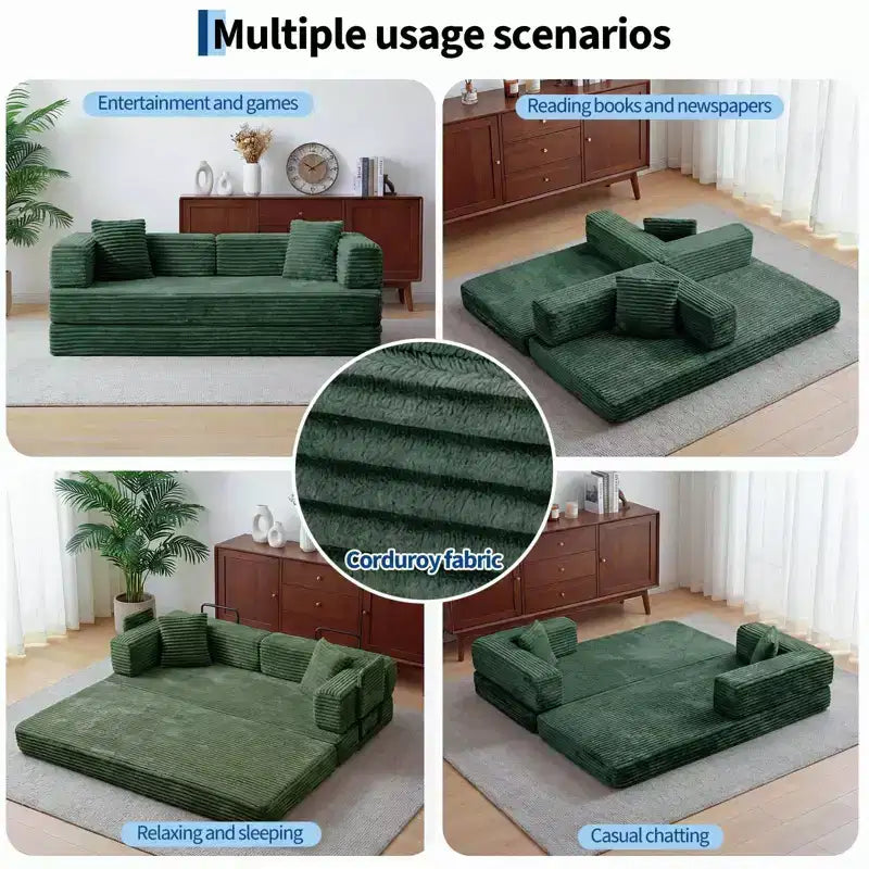 Corduroy 5-in-1 Convertible Sofa Bed, Folding Floor Couch, Seats & Sleeps 2