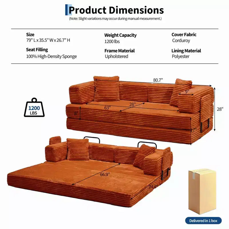 Corduroy 5-in-1 Convertible Sofa Bed, Folding Floor Couch, Seats & Sleeps 2