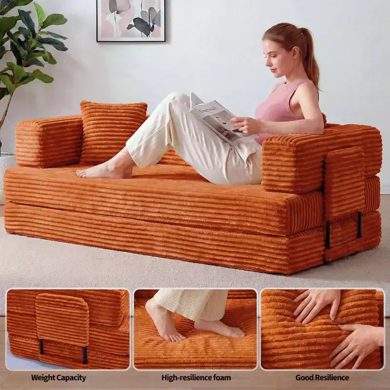 Corduroy 5-in-1 Convertible Sofa Bed, Folding Floor Couch, Seats & Sleeps 2
