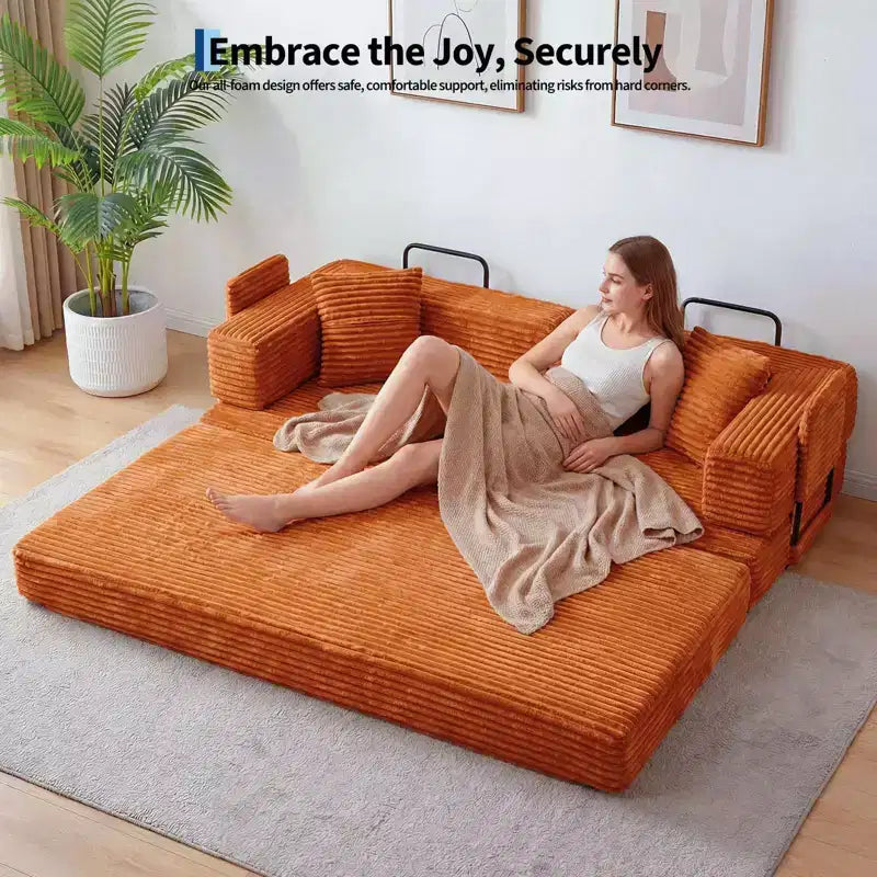 Corduroy 5-in-1 Convertible Sofa Bed, Folding Floor Couch, Seats & Sleeps 2