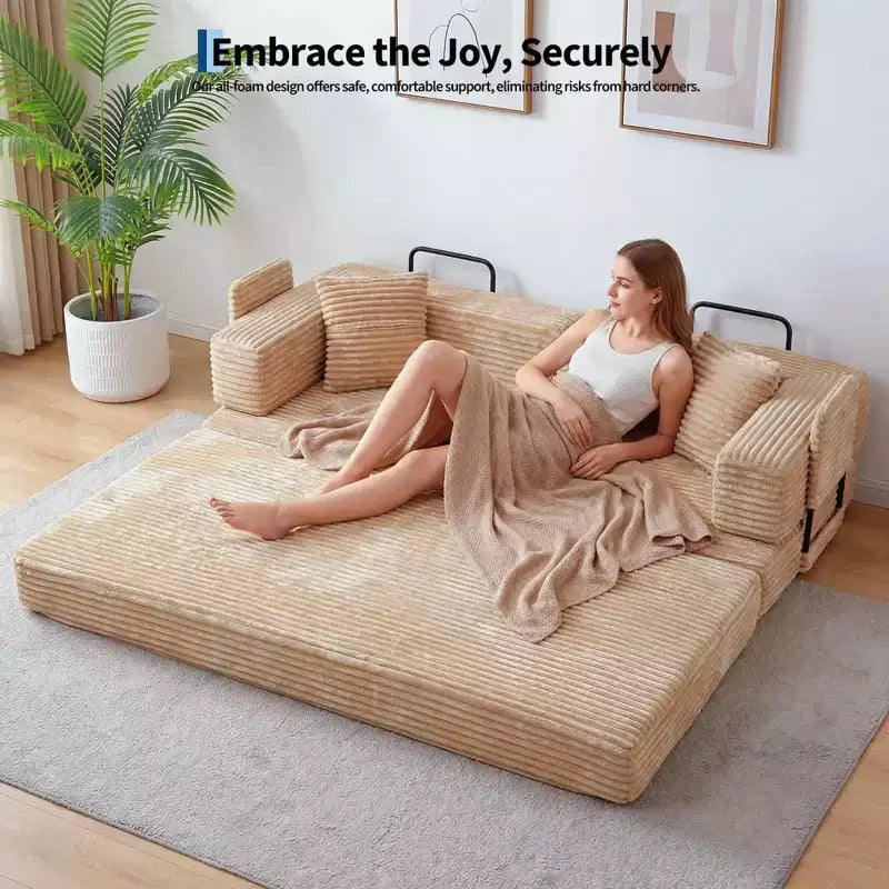 Corduroy 5-in-1 Convertible Sofa Bed, Folding Floor Couch, Seats & Sleeps 2