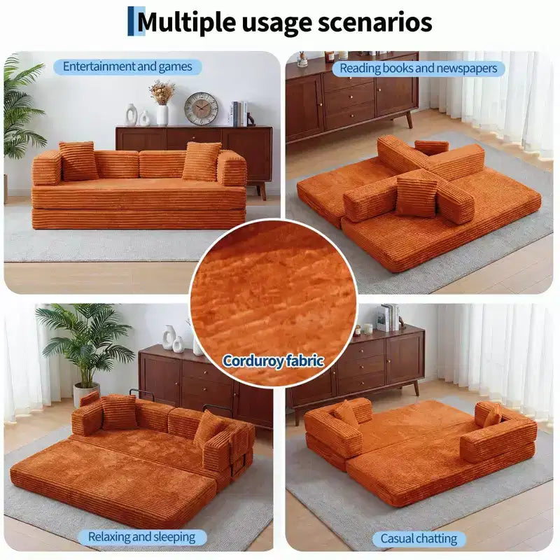 Corduroy 5-in-1 Convertible Sofa Bed, Folding Floor Couch, Seats & Sleeps 2