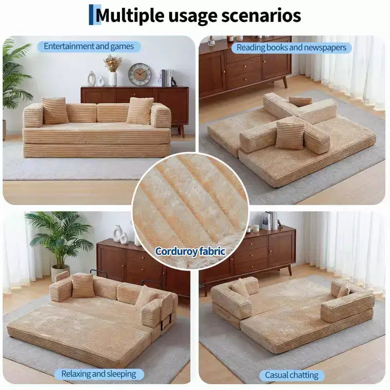 Corduroy 5-in-1 Convertible Sofa Bed, Folding Floor Couch, Seats & Sleeps 2