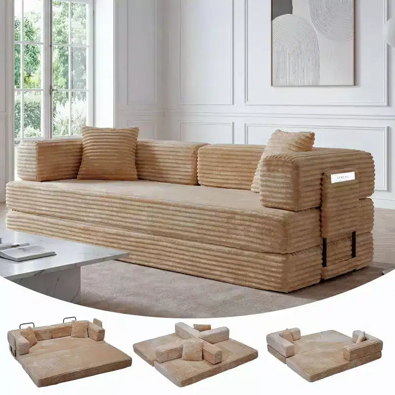 Convertible Sleeper Sofa 80.7, 5-in-1 Folding Couch Bed with Pillows, Corduroy Fabric No Assembly Sofa for Living Room, Apartment & Dorm