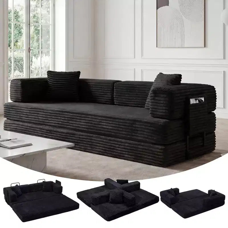 Corduroy 5-in-1 Convertible Sofa Bed, Folding Floor Couch, Seats & Sleeps 2