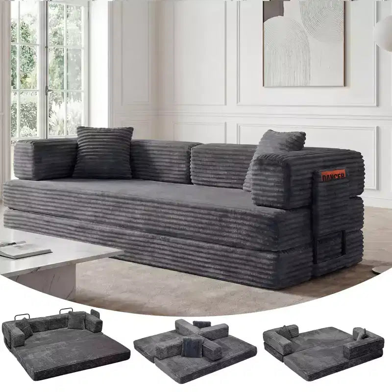 Corduroy 5-in-1 Convertible Sofa Bed, Folding Floor Couch, Seats & Sleeps 2