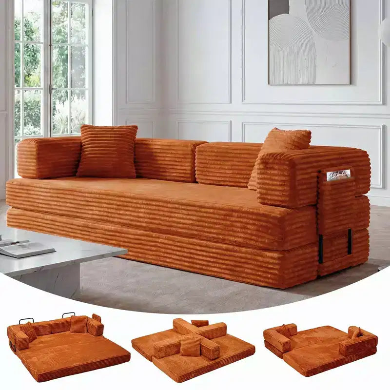 Corduroy 5-in-1 Convertible Sofa Bed, Folding Floor Couch, Seats & Sleeps 2