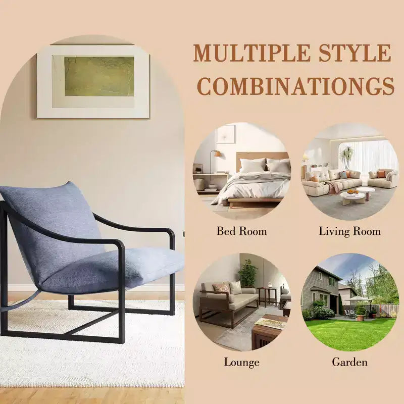 Brown / Gray Sling Accent Chair – Metal Frame, Single Seat, Removable Cushion