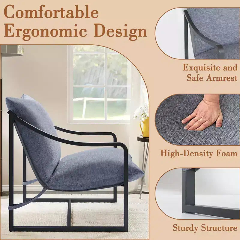 Brown / Gray Sling Accent Chair – Metal Frame, Single Seat, Removable Cushion