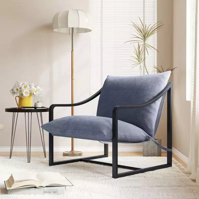 Brown / Gray Sling Accent Chair – Metal Frame, Single Seat, Removable Cushion