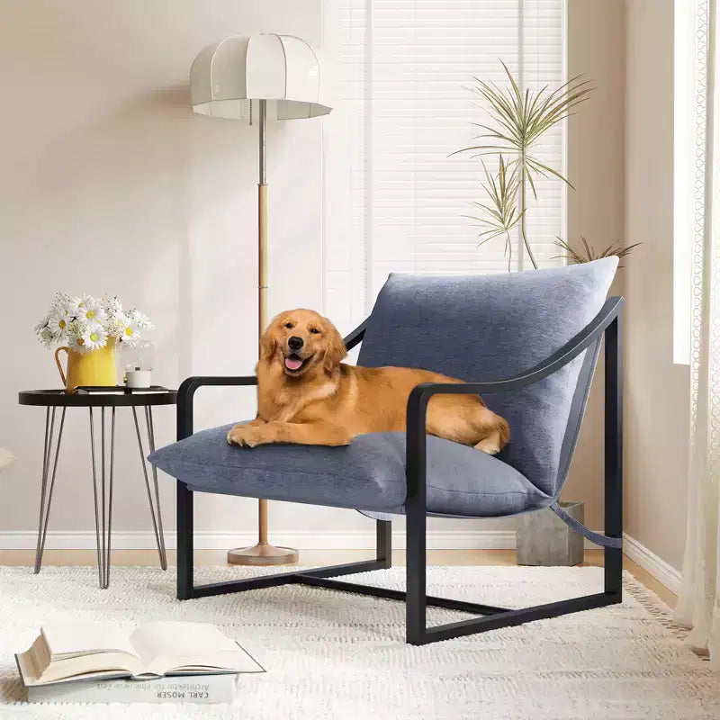 Brown / Gray Sling Accent Chair – Metal Frame, Single Seat, Removable Cushion
