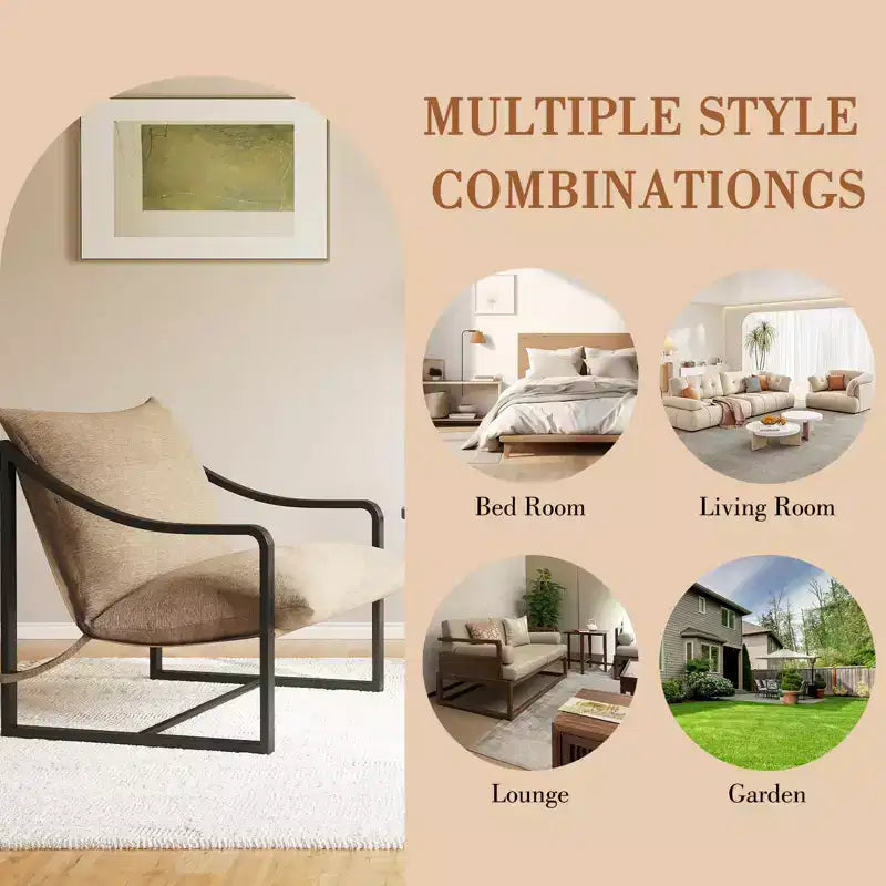 Brown / Gray Sling Accent Chair – Metal Frame, Single Seat, Removable Cushion