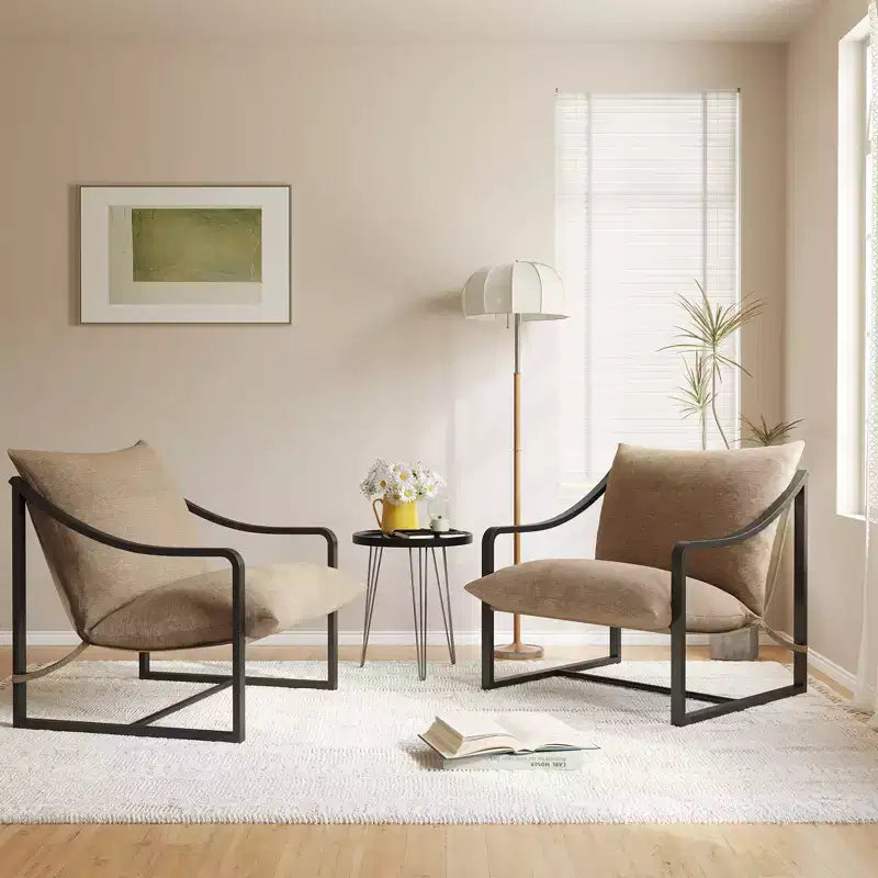 Brown / Gray Sling Accent Chair – Metal Frame, Single Seat, Removable Cushion