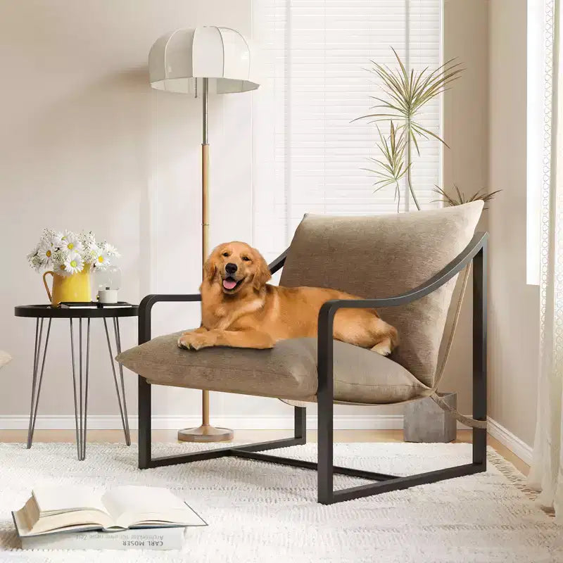 Brown / Gray Sling Accent Chair – Metal Frame, Single Seat, Removable Cushion