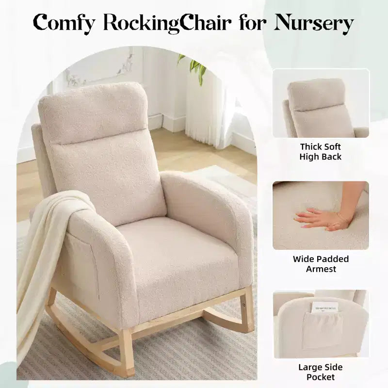 Beige Teddy Upholstered Wingback Rocking Chair, 1-Seat Glider with Side Pockets & High Backrest