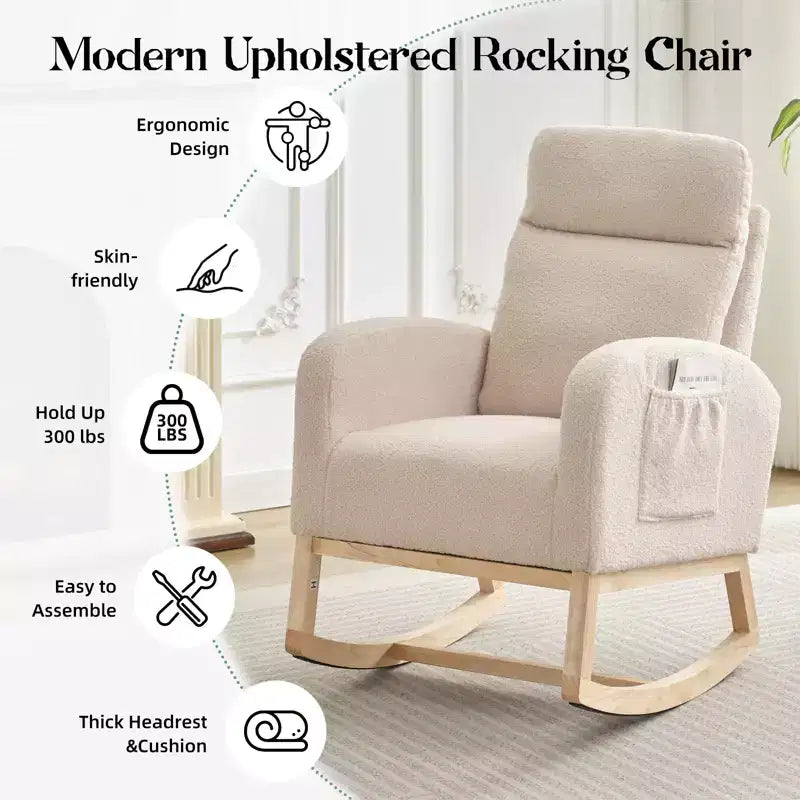 Beige Teddy Upholstered Wingback Rocking Chair, 1-Seat Glider with Side Pockets & High Backrest