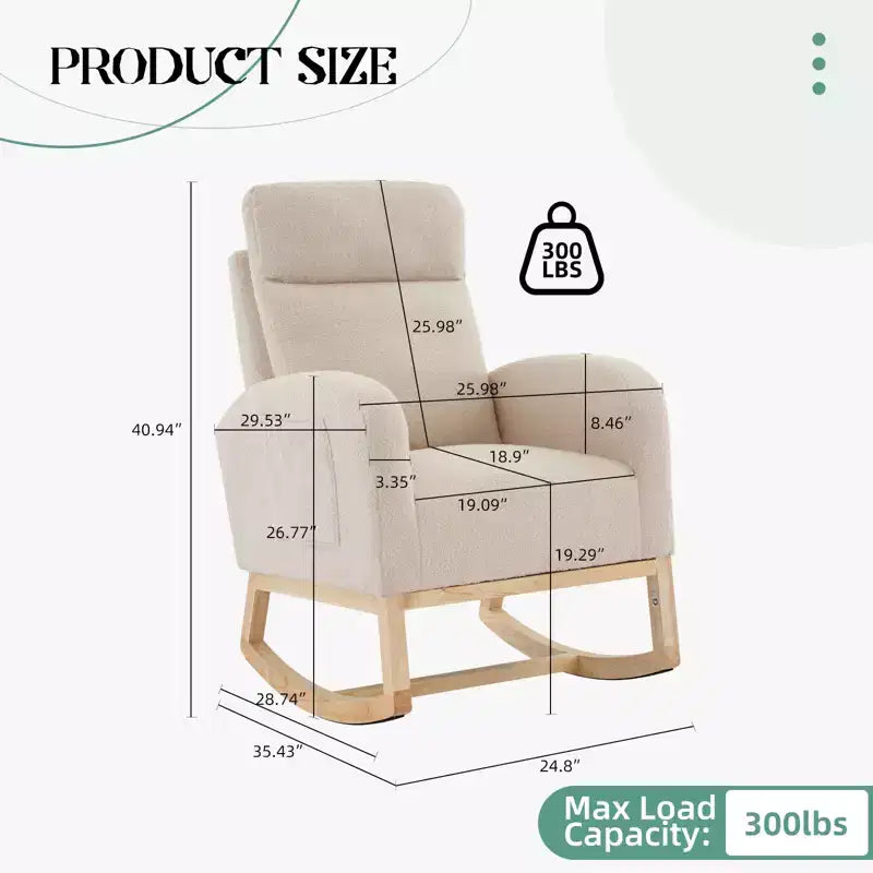 Beige Teddy Upholstered Wingback Rocking Chair, 1-Seat Glider with Side Pockets & High Backrest