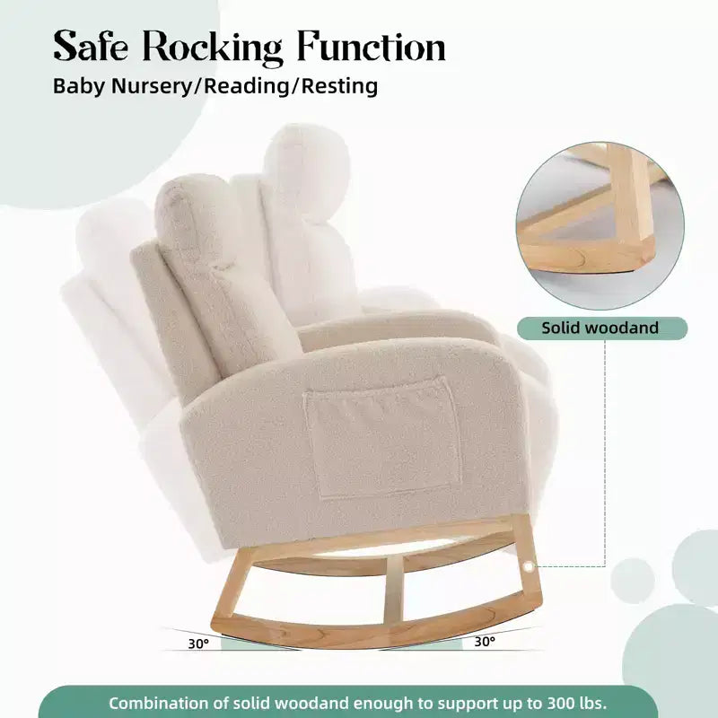 Beige Teddy Upholstered Wingback Rocking Chair, 1-Seat Glider with Side Pockets & High Backrest