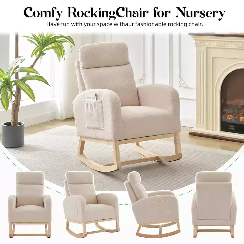 Beige Teddy Upholstered Wingback Rocking Chair, 1-Seat Glider with Side Pockets & High Backrest