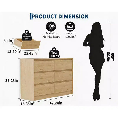 6-Drawer Dresser, Push-to-Open, Natural Oak, 1-Person