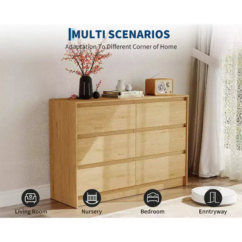6-Drawer Dresser, Push-to-Open, Natural Oak, 1-Person
