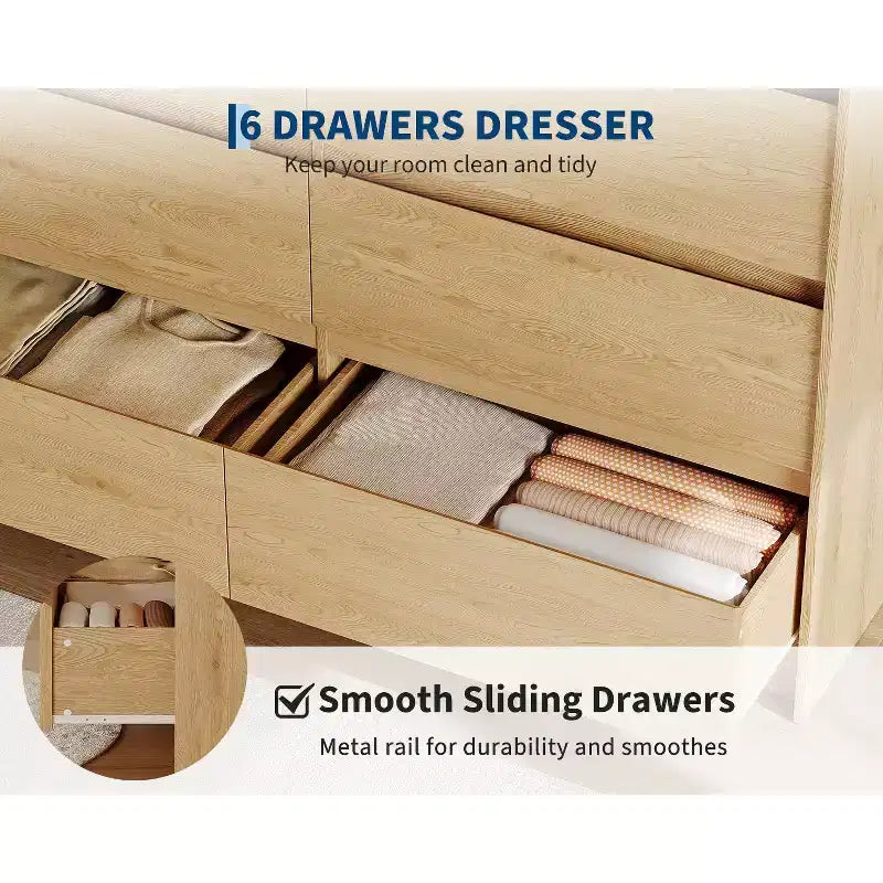6-Drawer Dresser, Push-to-Open, Natural Oak, 1-Person