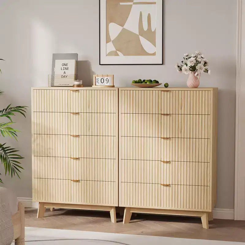 5 Drawer Dressers 2pcs, Fluted Closet Dressers Chest of Drawers, Wood Storage Dresser Organizer for Bedroom Living Room Hallway, Natural