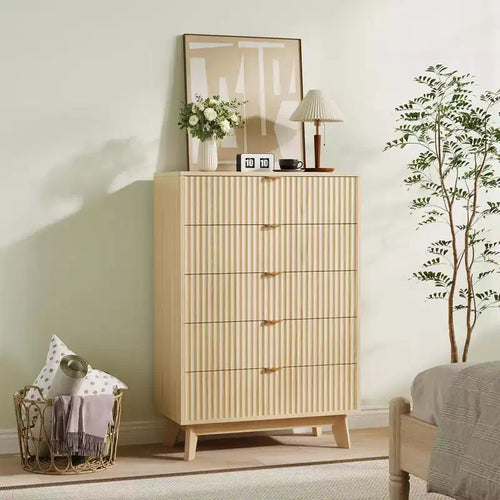 5-Drawer Dresser, Fluted Panel, Natural Oak, Set of 2