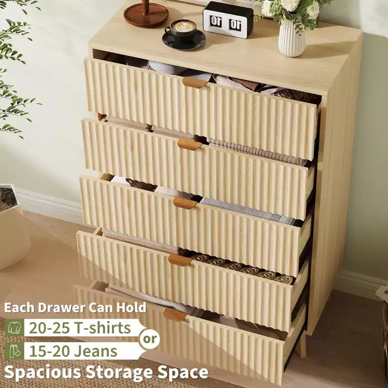 5-Drawer Dresser, Fluted Panel, Natural Oak, Set of 2