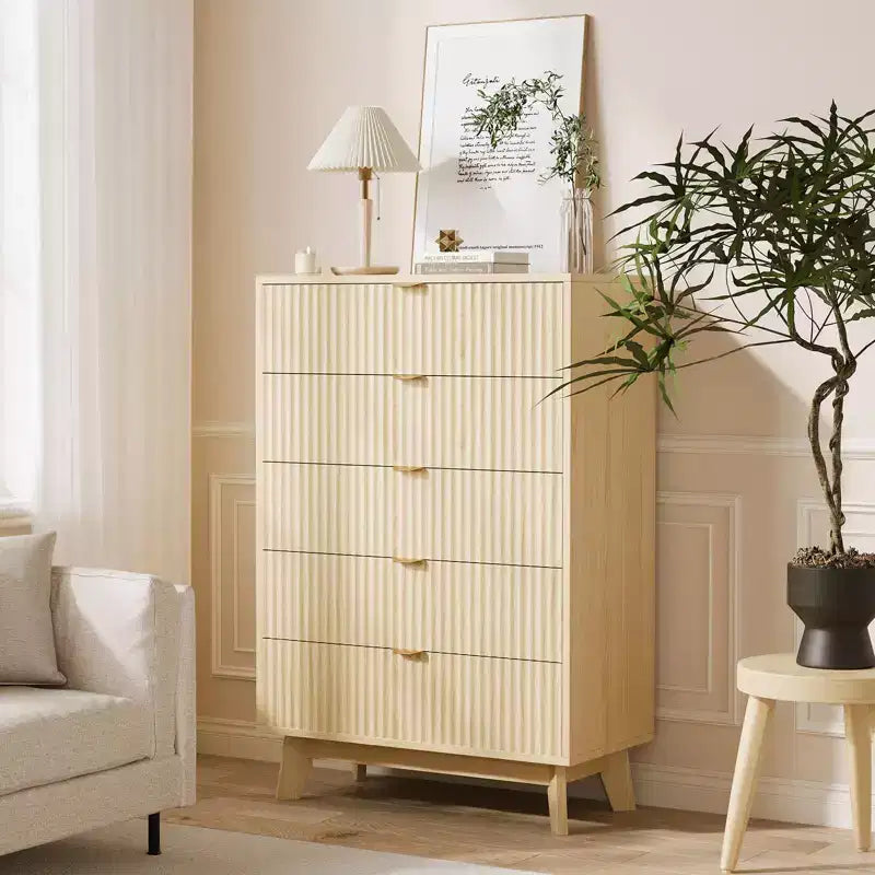 5-Drawer Dresser, Fluted Panel, Natural Oak, Set of 2