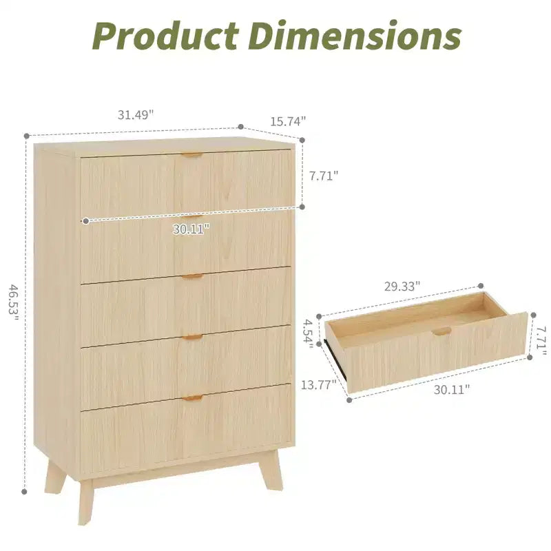 5-Drawer Dresser, Fluted Panel, Natural Oak, Set of 2
