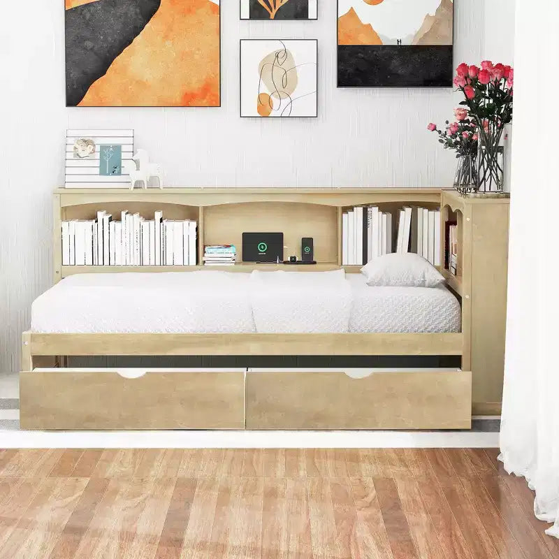 Natural Wood Twin Daybed with Storage Drawers & USB Ports, Single