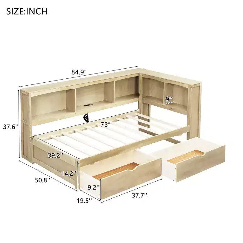 Natural Wood Twin Daybed with Storage Drawers & USB Ports, Single