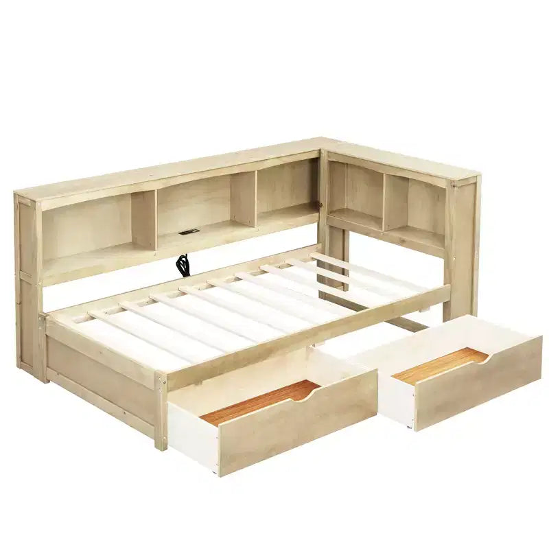 Natural Wood Twin Daybed with Storage Drawers & USB Ports, Single