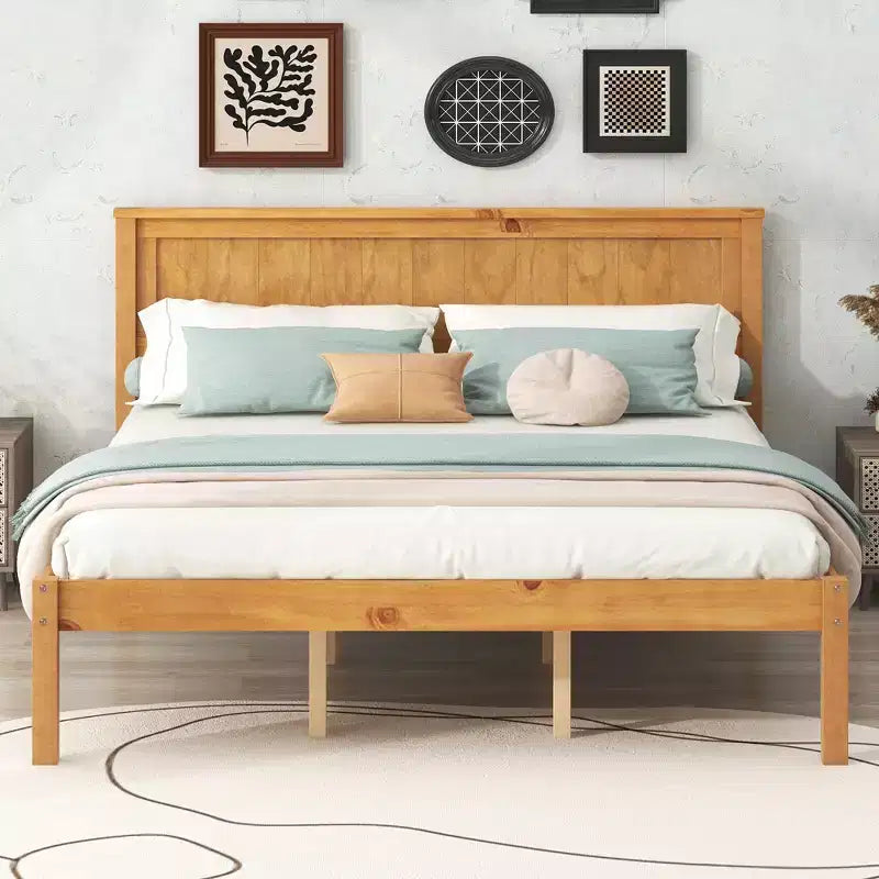 FAMYYT Queen Size Platform Bed With Headboard, Easy Assembly, Oak