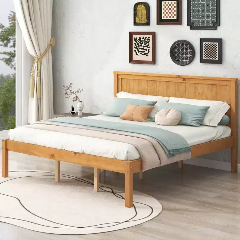 Oak Queen Platform Bed with Headboard, Wood Frame, 1-Person