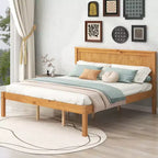 Oak Queen Platform Bed with Headboard, Wood Frame, 1-Person