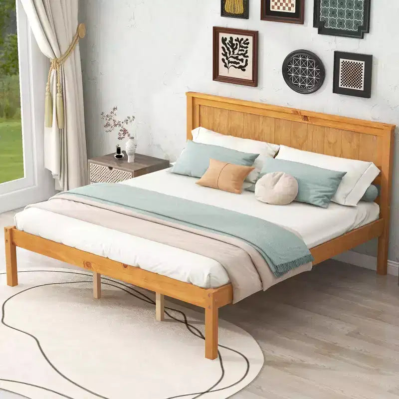 Oak Queen Platform Bed with Headboard, Wood Frame, 1-Person