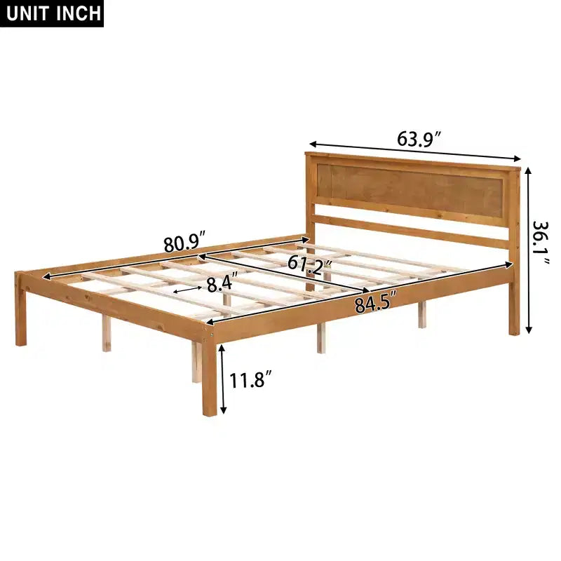 Oak Queen Platform Bed with Headboard, Wood Frame, 1-Person