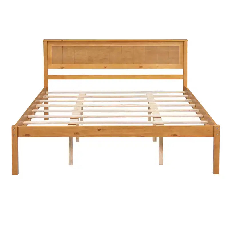 Oak Queen Platform Bed with Headboard, Wood Frame, 1-Person