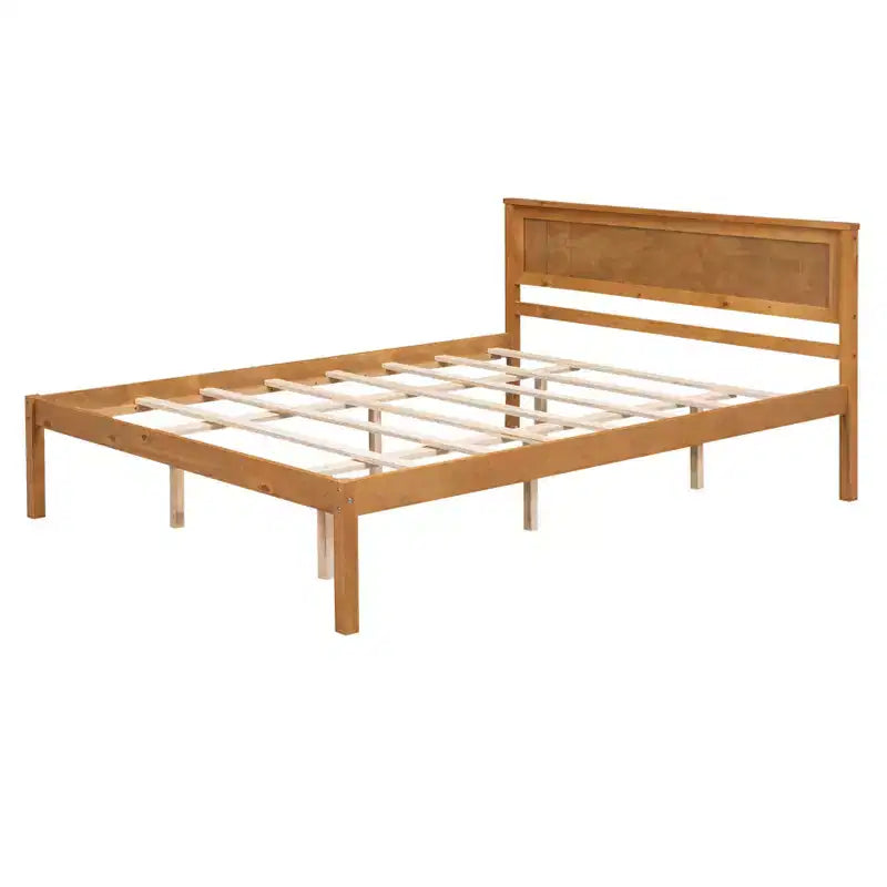 Oak Queen Platform Bed with Headboard, Wood Frame, 1-Person