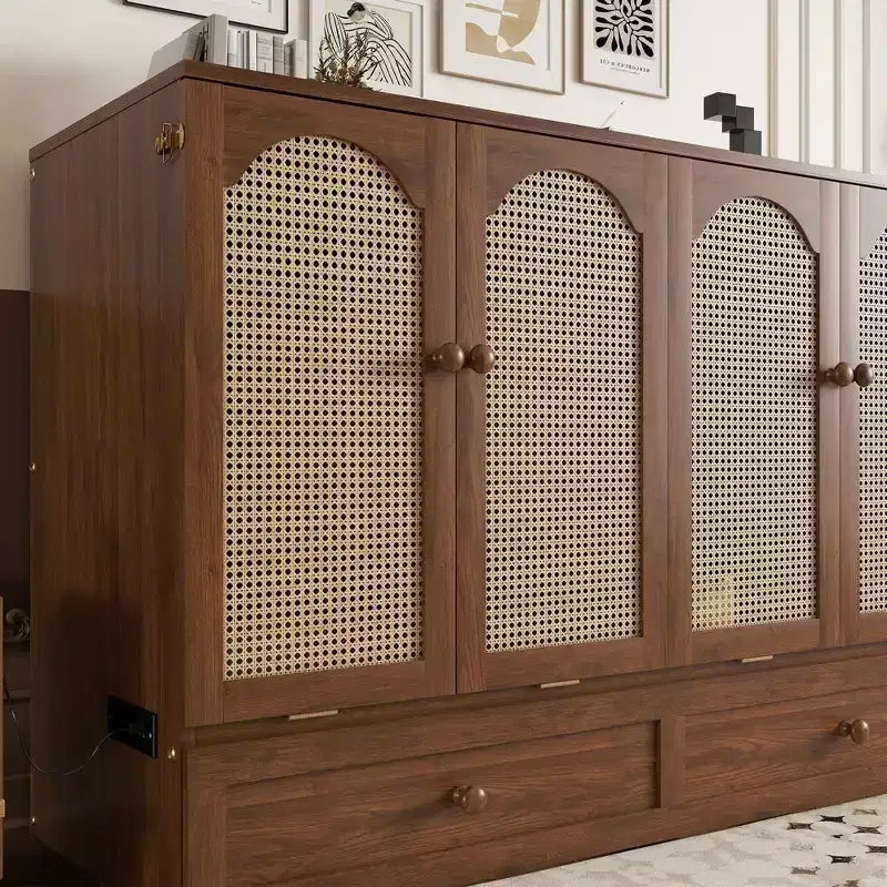 Natural Pine Wood Queen Murphy Cabinet Bed with Rattan Panel & Power Station, 1-Person