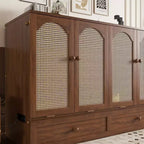 Natural Pine Wood Queen Murphy Cabinet Bed with Rattan Panel & Power Station, 1-Person