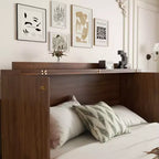 Natural Pine Wood Queen Murphy Cabinet Bed with Rattan Panel & Power Station, 1-Person