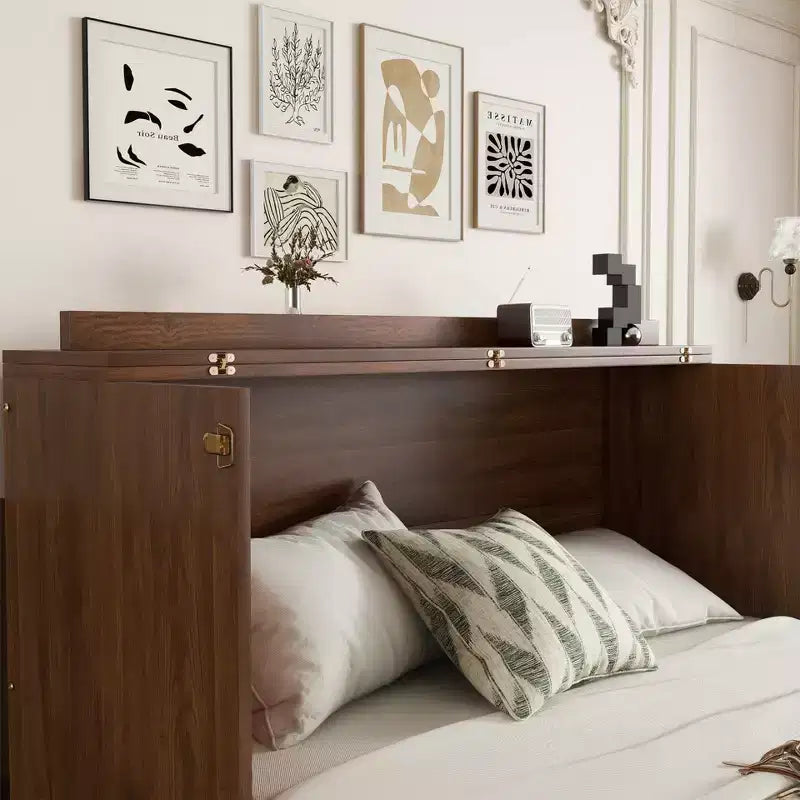 Natural Pine Wood Queen Murphy Cabinet Bed with Rattan Panel & Power Station, 1-Person