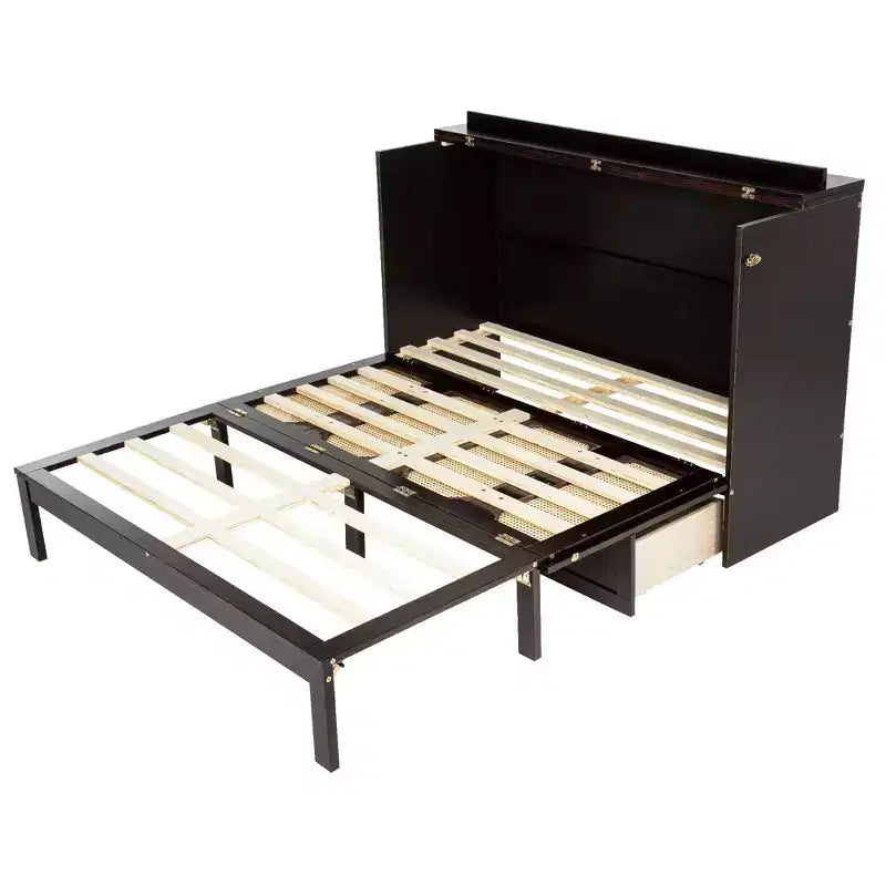 Natural Pine Wood Queen Murphy Cabinet Bed with Rattan Panel & Power Station, 1-Person