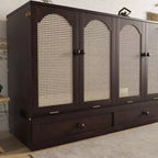 Natural Pine Wood Queen Murphy Cabinet Bed with Rattan Panel & Power Station, 1-Person