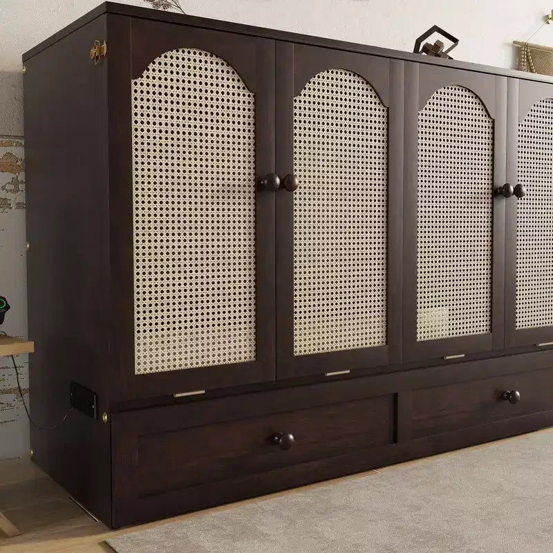 Natural Pine Wood Queen Murphy Cabinet Bed with Rattan Panel & Power Station, 1-Person