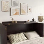 Natural Pine Wood Queen Murphy Cabinet Bed with Rattan Panel & Power Station, 1-Person